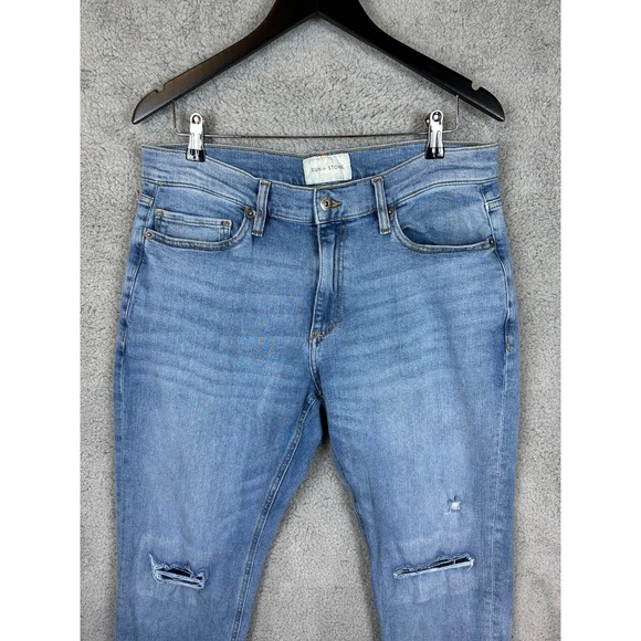 Sun + Stone Jeans Mens 33x32 Blue Distressed Patched Stretch Regular Fit - Picture 2 of 16